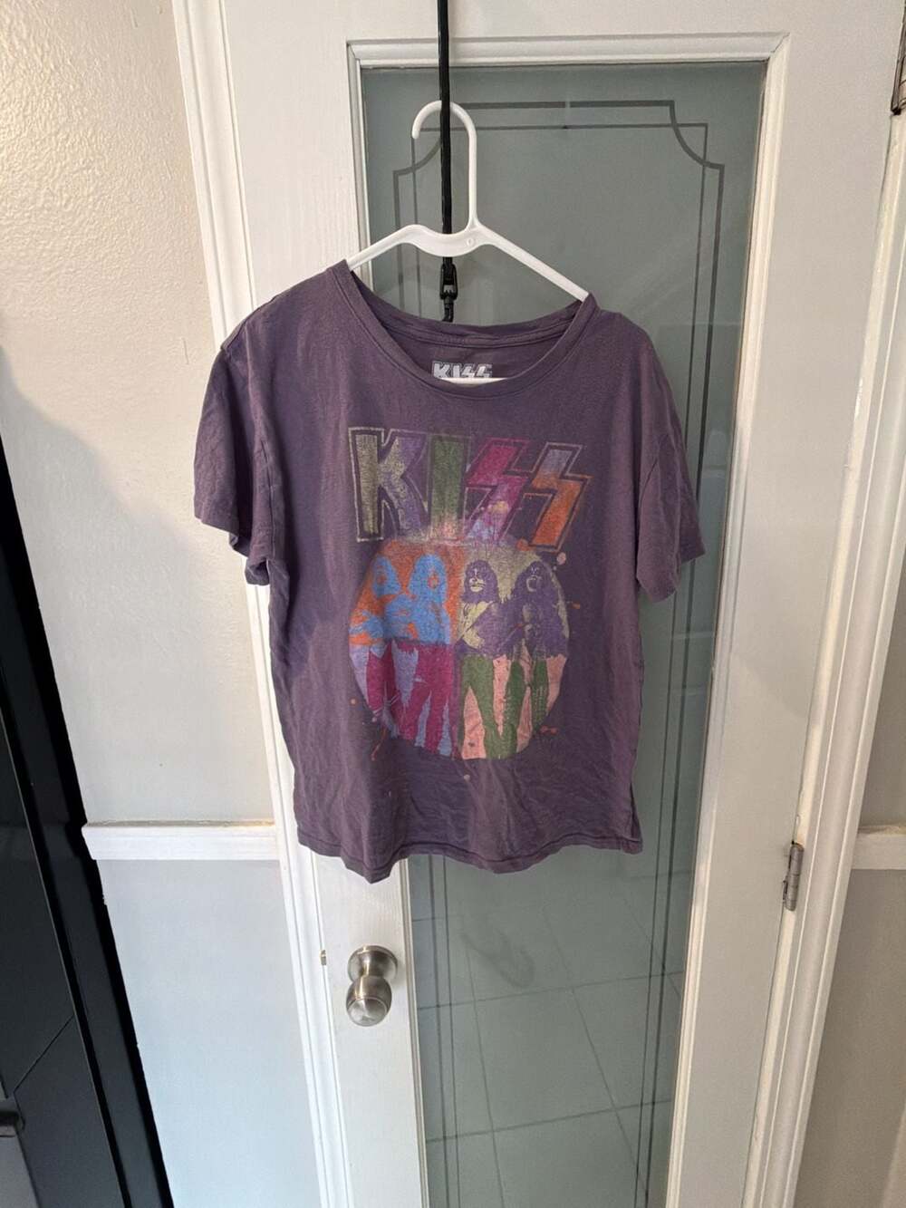 KISS Band Graphic T-Shirt Purple Distressed Cotton Short Sleeve